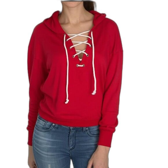 Forever 21 Lace up Red Hoodie Lightweight Small - Picture 1 of 5